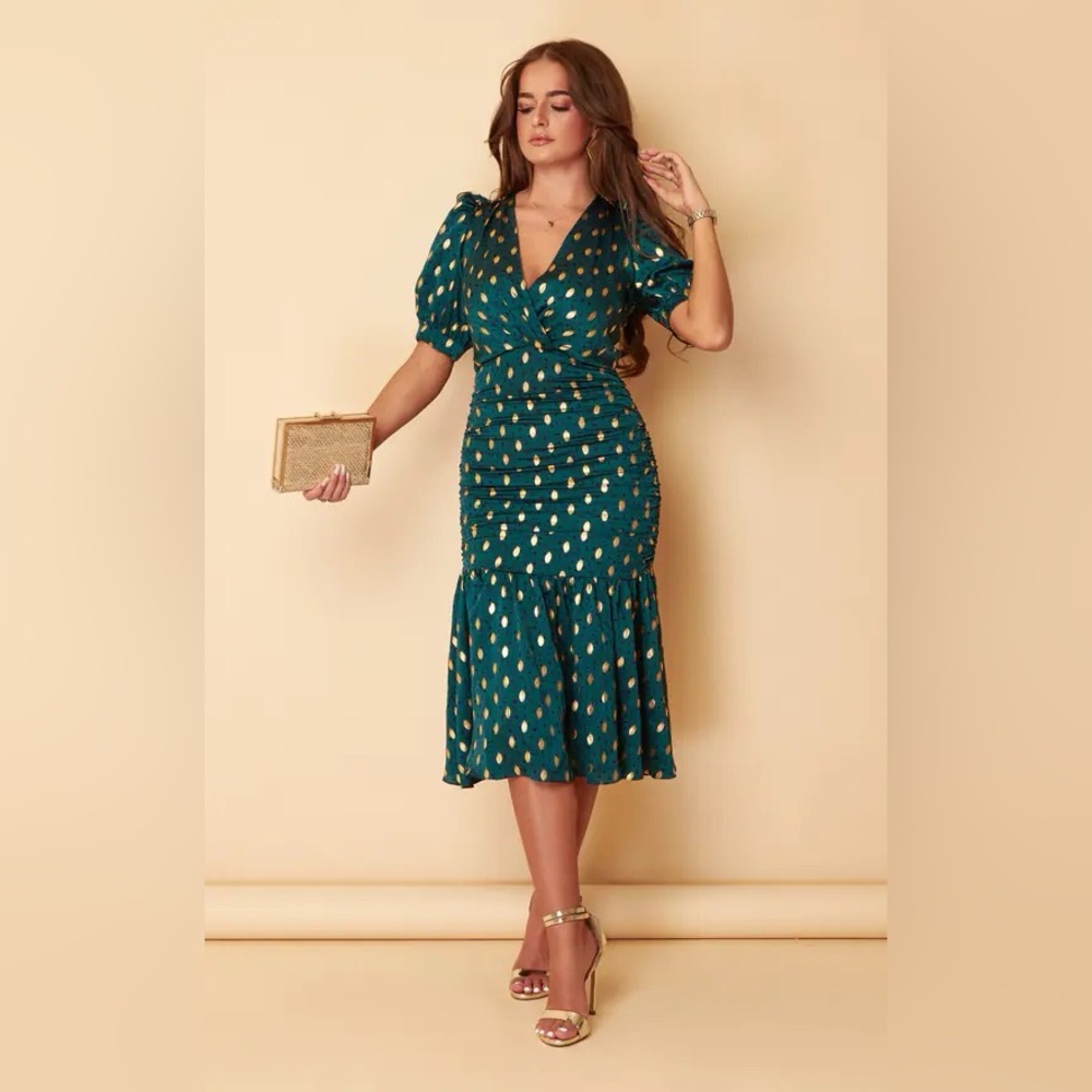 Nylah Emerald With Gold Foil Puff Sleeve Ruching Detail Midi Dress